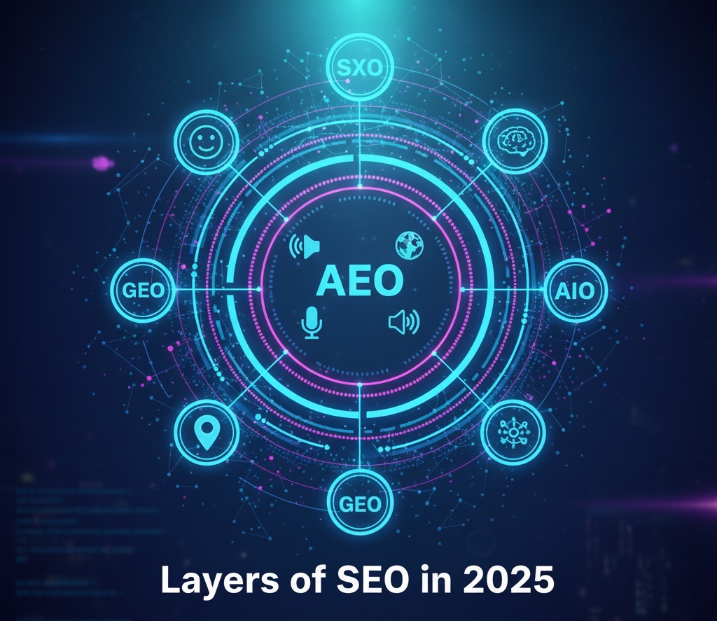 Featured image for Layers of SEO in 2025: AEO, GEO, AIO & SXO Explained